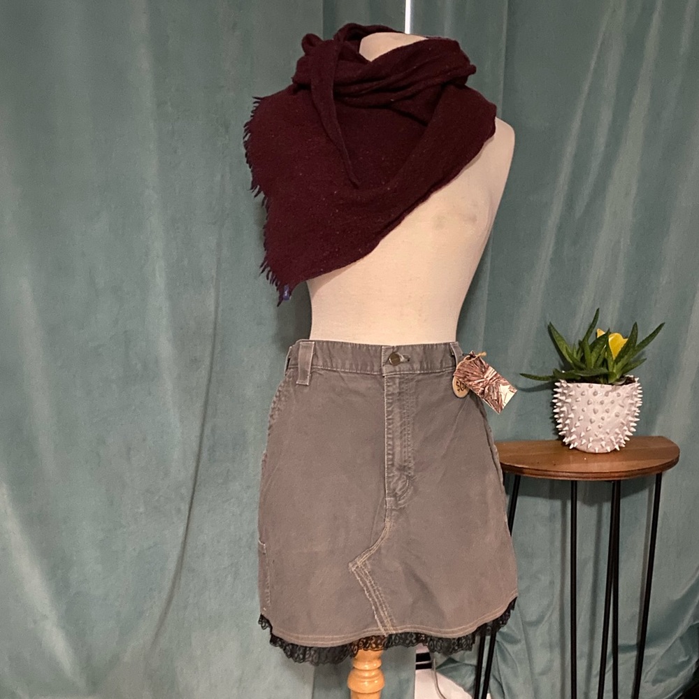 Carheart mini-skirt. Handmade from repurposed carhartt and lace trim. Grey / XL